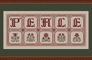 Floral Peace Stitched in Red on Cream Color