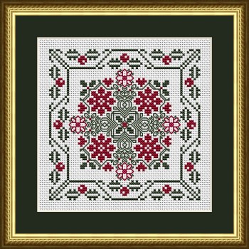 Winter Poinsettias And Holly Stitched in a Gold Frame